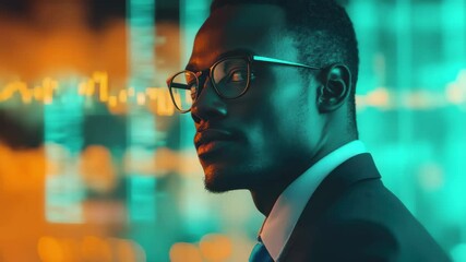 Financial data analysis with focus on African American professional in modern office setting, financial data processing over african american businessman in office - Powered by Adobe