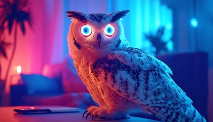 A vibrant, illuminated owl in a dimly lit room.