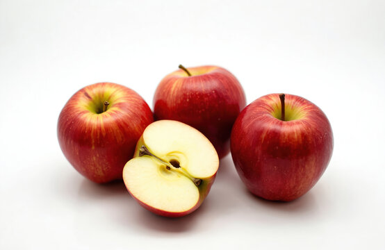 Fresh Jonagold and Pinova apples on white background. Red fruit sliced shows juicy flesh. Healthy eating, diet and vitamins concept. Perfect for product presentation, recipe illustrations.