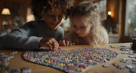 Close up of a diverse caucasian kid and woman putting together a heart puzzle. World autism awareness day concept for mental health.