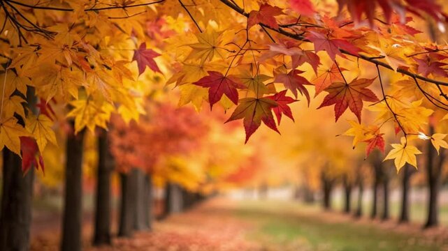 beijando scene with golden orange trees along cozy autumn path