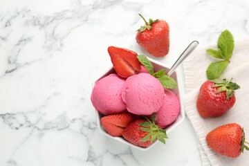 Refreshing sorbet, strawberries and mint in bowl on white marble table, flat lay. Space for text