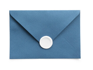 Beautiful invitation envelope with wax seal isolated on white, top view