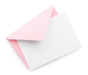 Blank invitation card and envelope isolated on white, top view. Space for design