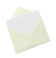 Blank invitation card and envelope isolated on white, top view. Space for design