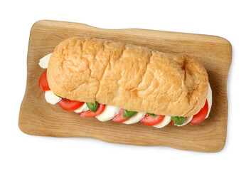 Tasty sandwich with mozzarella cheese, tomatoes and basil isolated on white, top view