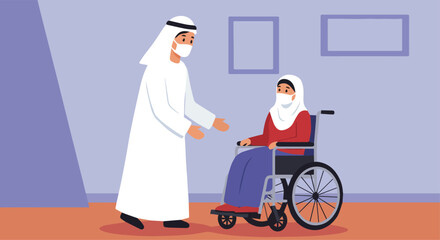 Muslim Man Assisting Muslim Woman in a Wheelchair