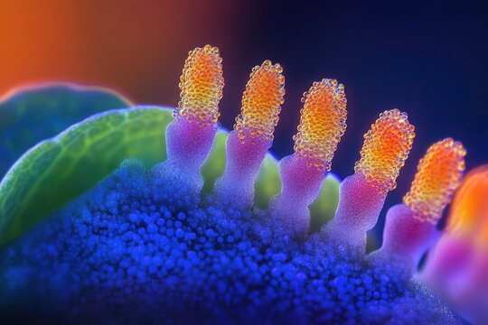 A macro shot reveals a vibrant, alien-like flora with bubble-covered structures on a leaf, bursting with colors and textures.