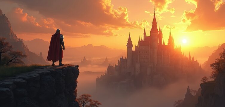 Lone knight surveys vast medieval city during sunset. Golden hour light bathes majestic castle, mountain range, dramatic sky. Epic fantasy artwork conveys courage, exploration, adventure in kingdom.