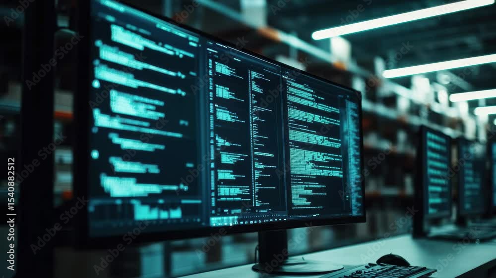 Poster data processing displayed on screens in a modern warehouse environment during daytime operations, da