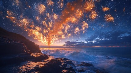Towering fans of radiant golden fireworks stretching wide across a night sky