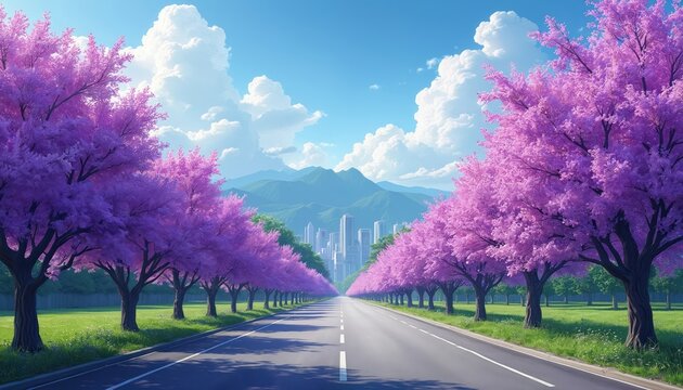 Scenic street framed by blooming purple Jacaranda trees, leading towards a cityscape and blue sky. Spring season, vibrant colors, rich plants, perfect landscape. Road, park, nature, sunny day.