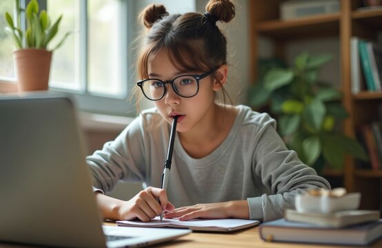 Serious teenage girl in glasses works on laptop. She is engaged in online learning homework. Young student studies from home, using notebook. Girl in casual attire. Online school concept.