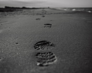 Close-up of distinct shoe prints in the sand on a beach by the sea, captured in natural daylight.