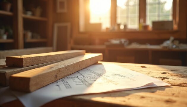Sunlight streams through workshop window illuminates wooden planks blueprints on rustic table. Carpenter shop scene with timbering plan, woodworking project, construction, home improvement.