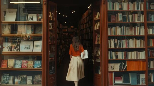 Beautiful girl strolls towards a charming bookstore in the heart of the city, embracing the literary atmosphere, Beautiful girl walking towards the famous bookstore in Paris, slow motion