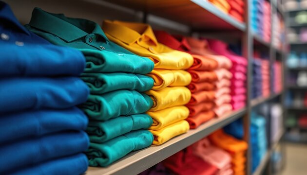 Organized display of folded polo shirts in fashion retail store. Variety of bright colors blue, green, yellow, orange, pink. Stacked neatly on shelves. Apparel, clothing for sale, shopping. Neat