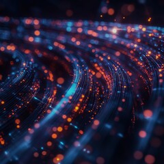 A glowing fiber optic cable transmitting colorful light pulses Focus on the light pulses