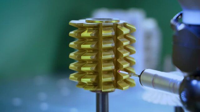 Coordinate measuring machine probe inspecting a gear milling cutter for precision in a factory environment.