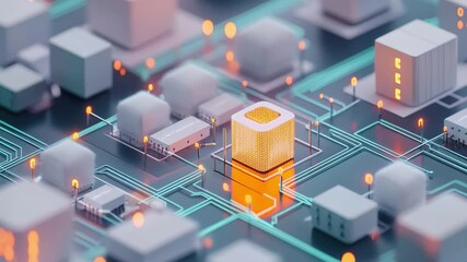 Data blocks gathering in an animated network visualization of a digital city layout, Animation depicting data blocks being shared on a network - Powered by Adobe