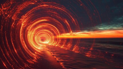 Vibrant bursts of fiery red and bronze firework trails forming concentric arcs