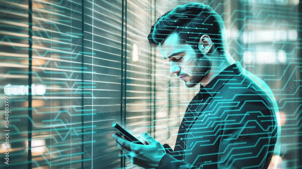 Poster man interacts with smartphone while surrounded by data network visuals in urban setting at night, se