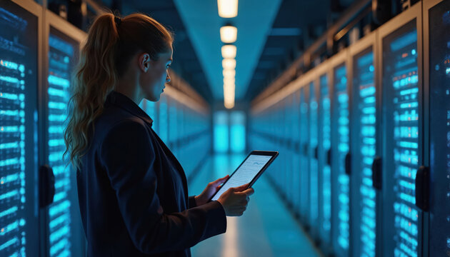 Female IT specialist analyzes data center server farm. Woman reviews server data on tablet, monitoring cloud computing infrastructure, cyber security. System administrator working Iaas Saas Paas.