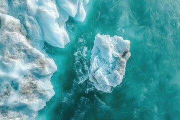 Aerial view of icebergs floating in turquoise waters, reflecting a serene yet stark Arctic landscape.