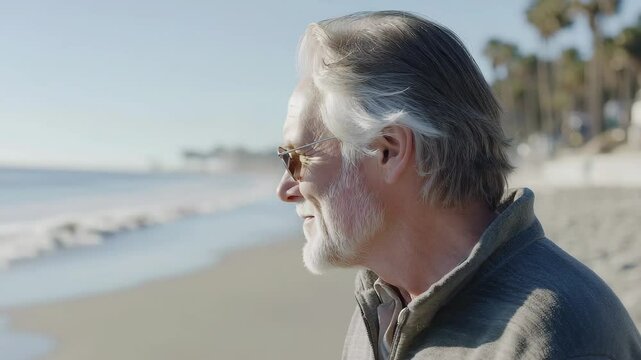 Mature man enjoys jogging on a sunny beach with ocean waves in the background, A mature 66 year old man jogging at the beach in Southern California Slow Motion