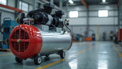 Heavy-duty portable air compressor cleaning machinery at industrial site. Versatile, reliable equipment for manufacture, maintenance operations. Strong performance, efficiency for construction,