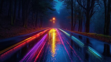 Vibrant midnight fireworks reflecting colorful streaks across a glossy wet road as faint shadows of trees line the foreboding background.