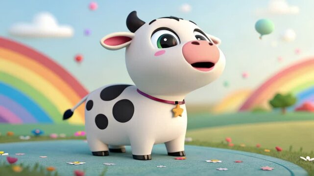 Cute cartoon cow with rainbow, balloons and smiling, joyful party look