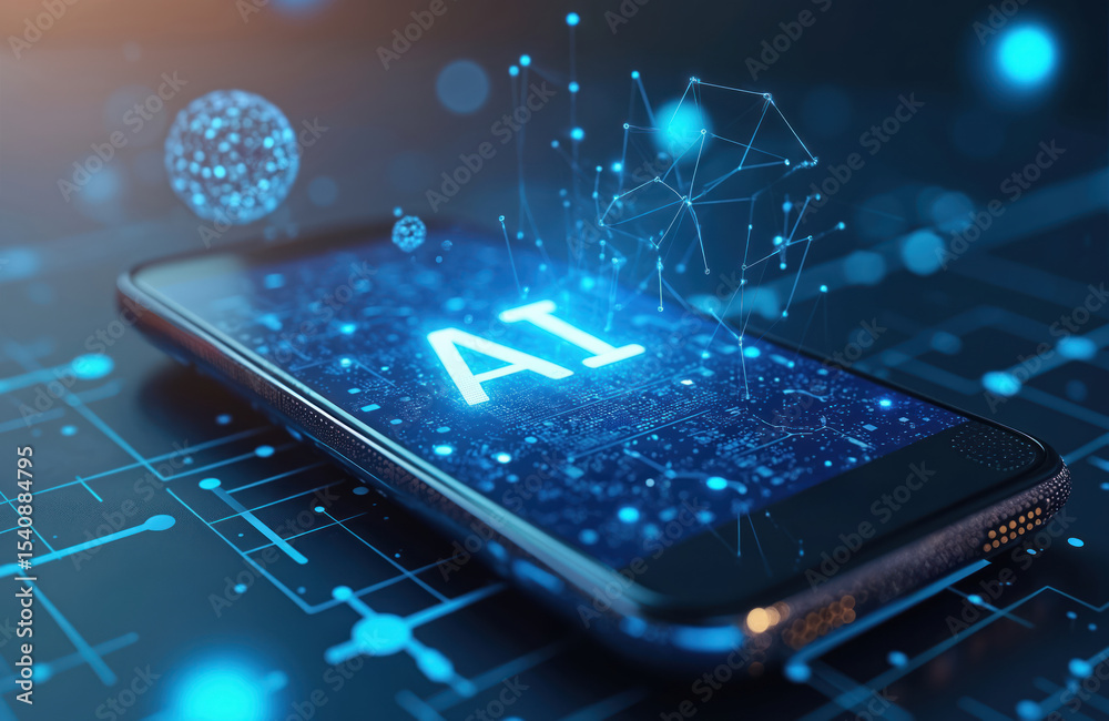 Poster Smartphone with AI artificial intelligence concept. Modern tech on phone screen. Futuristic digital technology. Connection, global network. Innovation, communication concept. App, modern design with