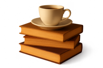 Coffee cup standing on stack of old books with transparent background
