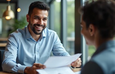 Smiling Latino banker reviews loan documents with client in office. Business owner, financial advisor discuss agreement. Collaboration, partnership, professional service, finance, banking,