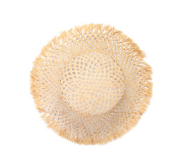 Stylish straw hat isolated on white, top view. Beach accessory