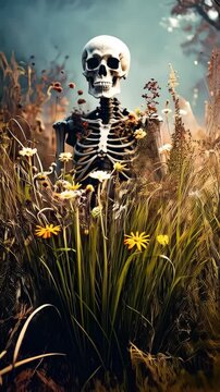 Eerie human skeleton standing in a field of golden wildflowers on a foggy day creating a spooky atmosphere.