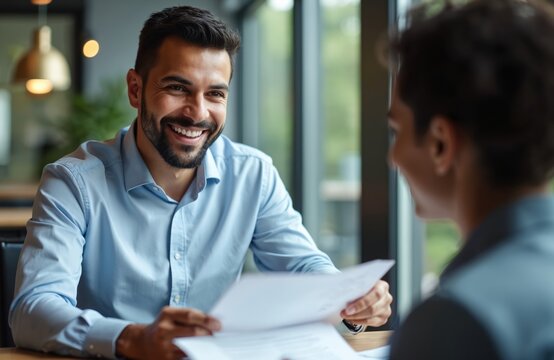 Smiling Latino banker reviews loan documents with client in office. Business owner, financial advisor discuss agreement. Collaboration, partnership, professional service, finance, banking,