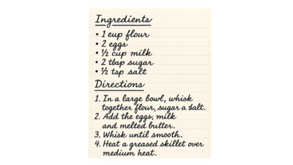 Handwritten Recipe Sheet Isolated on Transparent Background (PNG) - Vintage Culinary Script, Blank Cooking Template