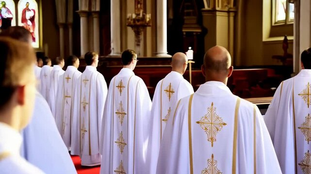 Religious Clergy in White Vestments with Golden Cross Walking in a Brightly Lit Church
