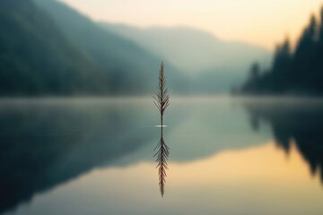 A single reed stalk stands mirrored in a serene lake against a backdrop of misty mountains.