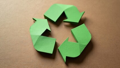 Green recycling symbol made of paper on brown textured background. Symbol emphasizes sustainability eco-friendliness eco topics. Sustainable eco-friendly approach to reduce carbon footprint. Clean
