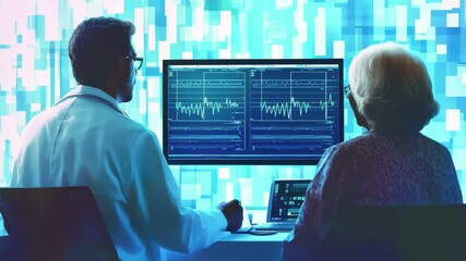 Data analysis by doctor examining financial metrics with patient in modern healthcare setting, financial data processing over diverse male doctor and boy patient - Powered by Adobe
