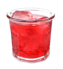 Tasty cherry soda water with ice cubes isolated on white