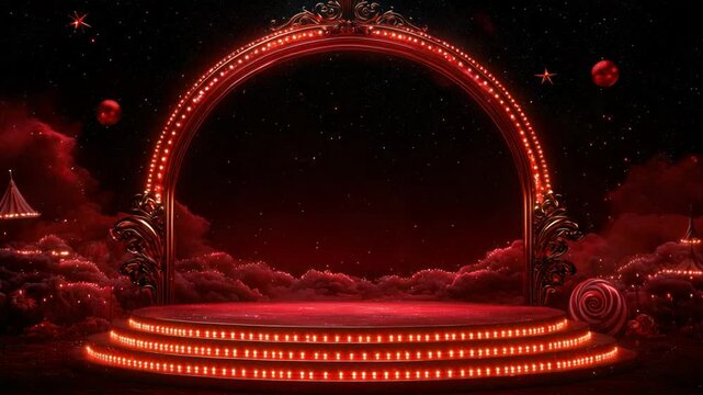 Red stage with ornate archway under a starry night sky.  Ornate golden archway frames a red stage lit by glowing lights.  A tiered platform, detailed with glowing red lights, sits beneath the arch. 