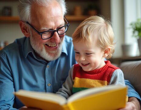 Caucasian grandfather reads book to smiling toddler. Family bonding. Grandpa enjoys time with grandchild. Joyful moment, connection. Affection, love, childhood, education, togetherness.