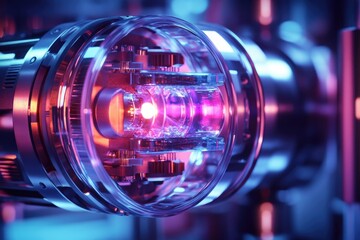 A close-up of a complex, high-tech scientific instrument with a bright pink and orange light source in a clear, cylindrical container.