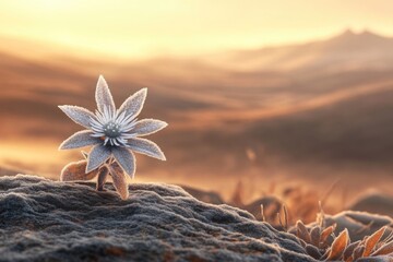 A frosted flower blooms on a rocky outcrop with a blurred sunset mountain background, symbolizing resilience.