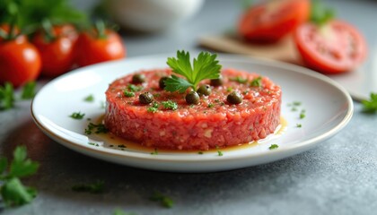 Close-up of fresh tomato tartare with parsley capers garnish. Modern culinary art. Prepared in bright kitchen setting with tomatoes on background. Healthy gourmet meal.