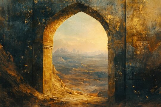 Ancient archway frames a vast, otherworldly desert landscape under a hazy, golden sky, blending decay and ethereal beauty.